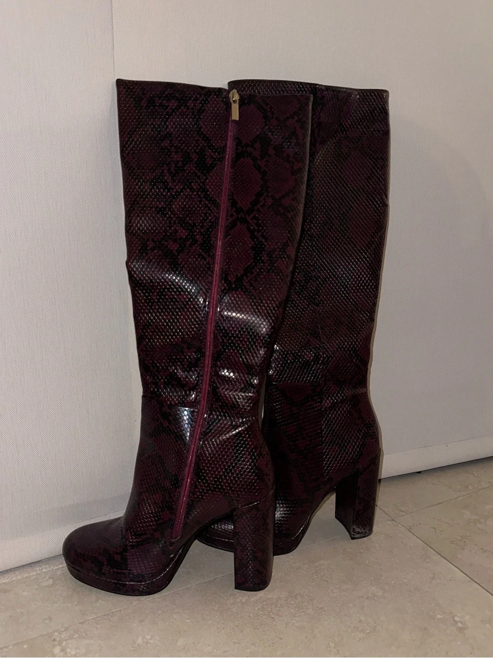 Tall Snake-Print Zip Boots in Deep Burgundy